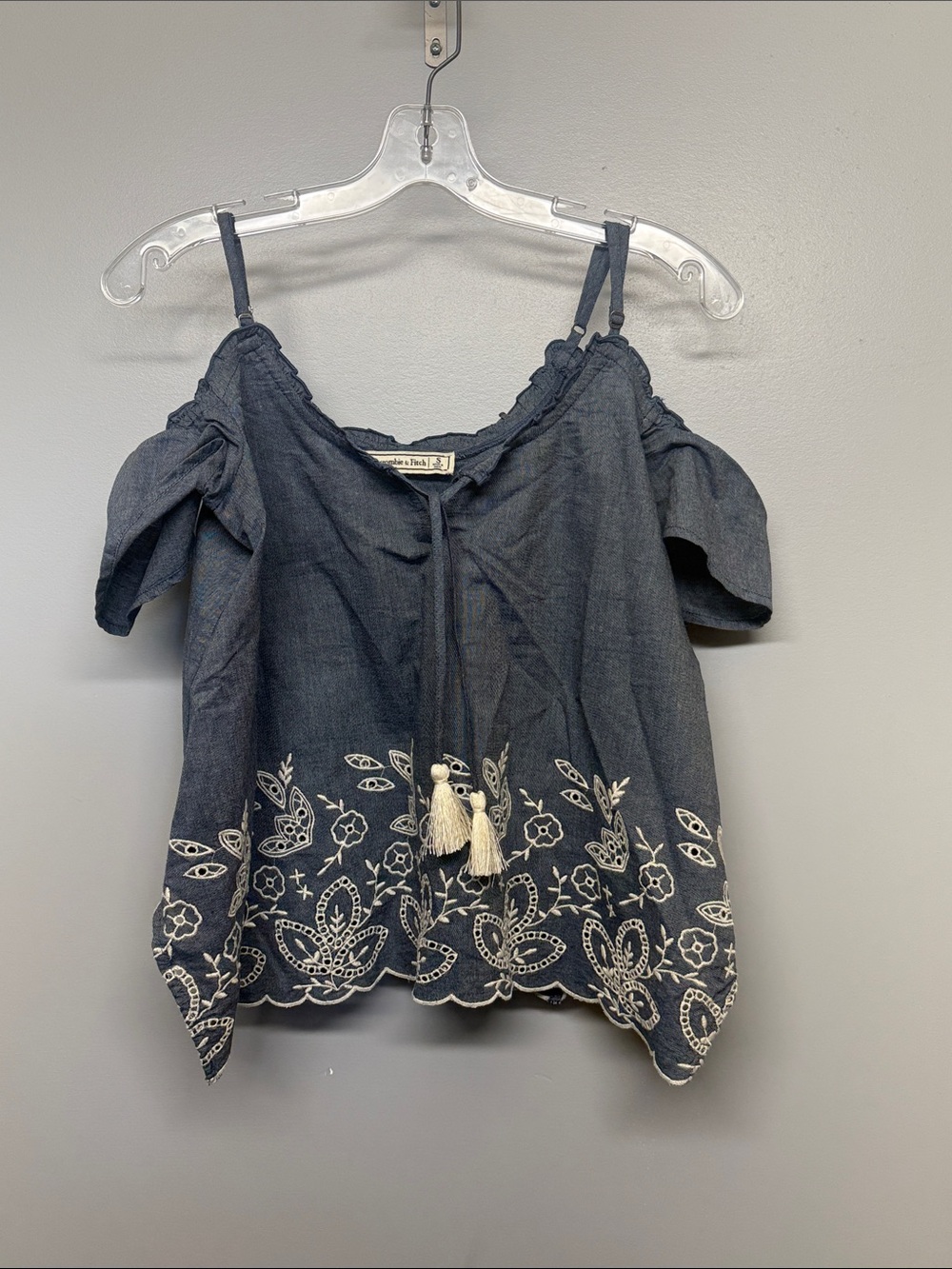 Abercrombie & Fitch Navy Off-Shoulder Embroidered Oversized Tassel Top